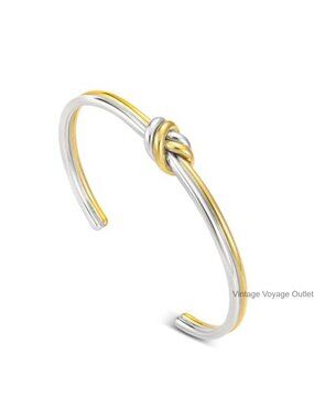 Two Tone Knot Cuff Bracelet Stainless Steel Adjustable Bangle Women's